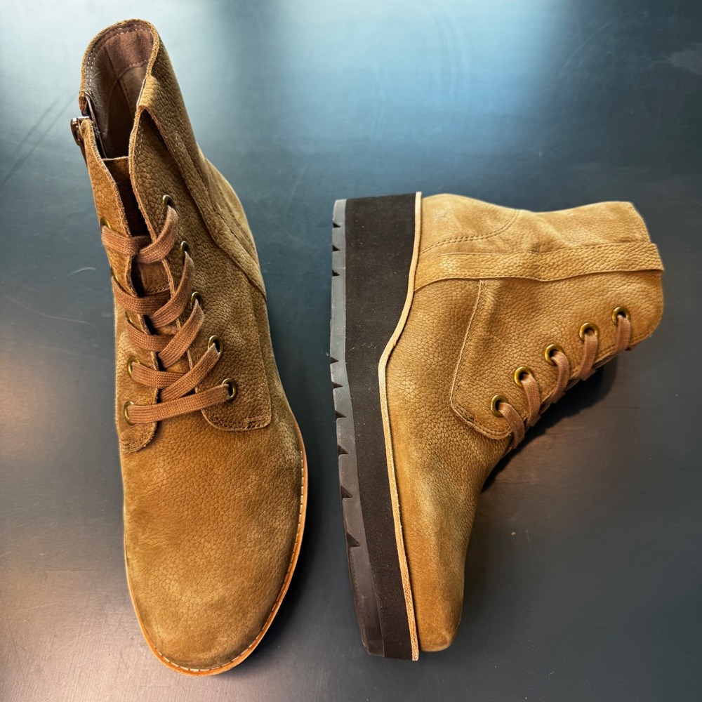 ABEO Women 9.5 N Mushroom Tan Brown Leather Lace Up Wedge Ankle Boot Boho Casual